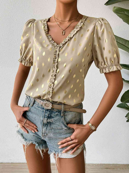 Printed Frill Trim V-Neck Blouse