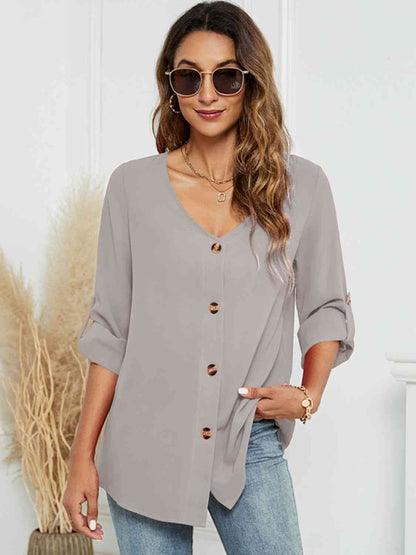 Blusa abotonada con cuello en V y manga larga Roll-Tap