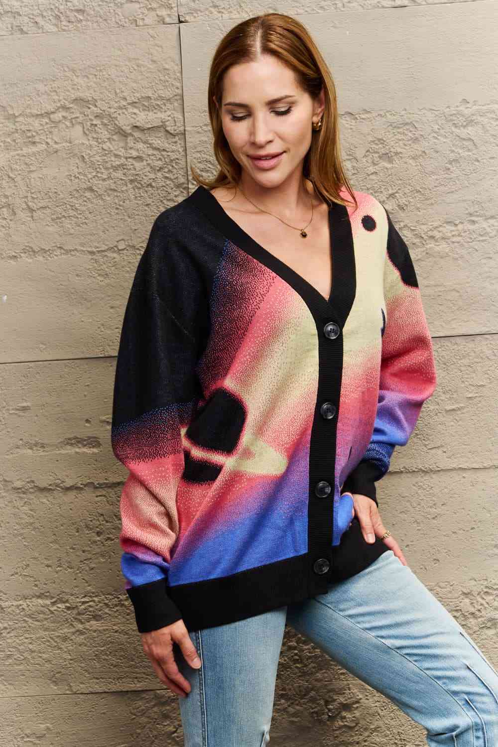 Woven Right Full Size Long Sleeve Space Graphic Cardigan