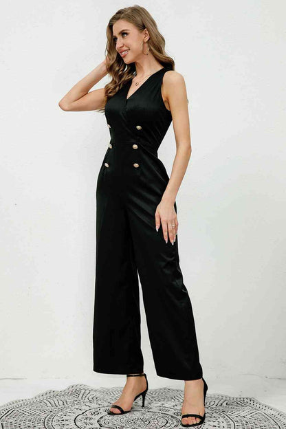 V-Neck Sleeveless Decorative Buttons Jumpsuit