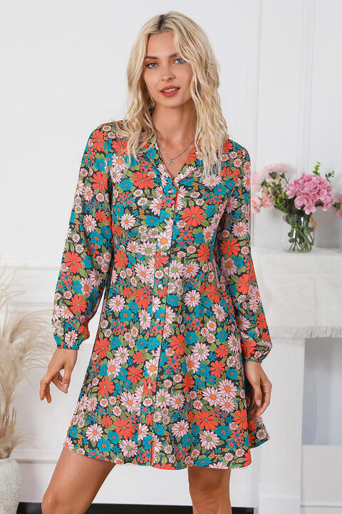 Floral Button Front Collared Neck Shirt Dress