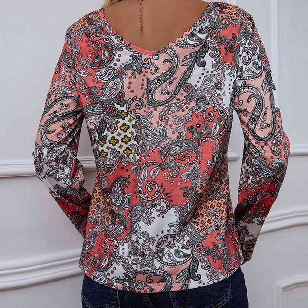 Blouse imprimée à manches longues et col en V