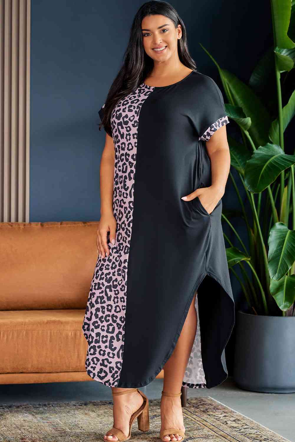 Vestido midi de manga corta con estampado de leopardo en contraste de talla grande