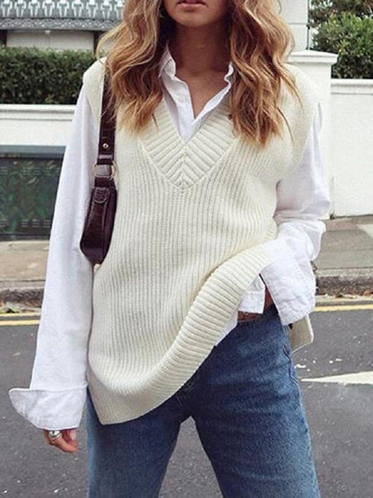 Gilet pull côtelé sans manches à col en V