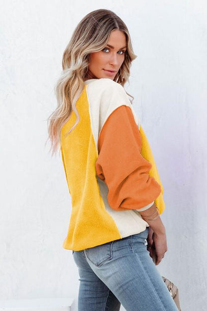 Round Neck Dropped Shoulder Color Block Sweatshirt