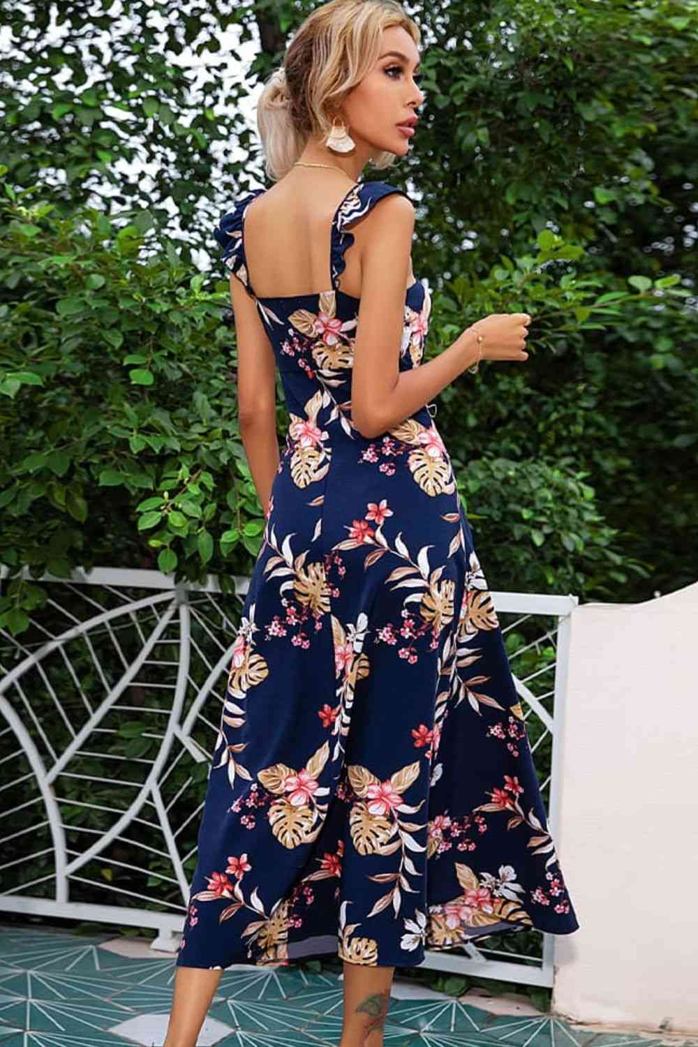 Robe mi-longue fendue à col carré et sans manches à imprimé floral