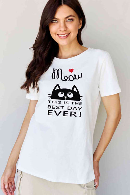 Simply Love Tamaño completo MIAU ¡ESTE ES EL MEJOR DÍA DE TODOS! Camiseta de algodón con gráfico