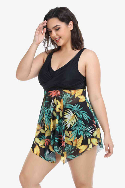 Maillot de Bain Deux Pièces Floral Bicolore à Ourlet Asymétrique de Grande Taille