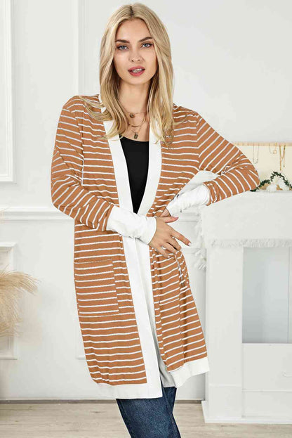 Cardigan long rayé ouvert sur le devant