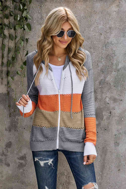 Cardigan zippé à capuche ajouré et manches raglan