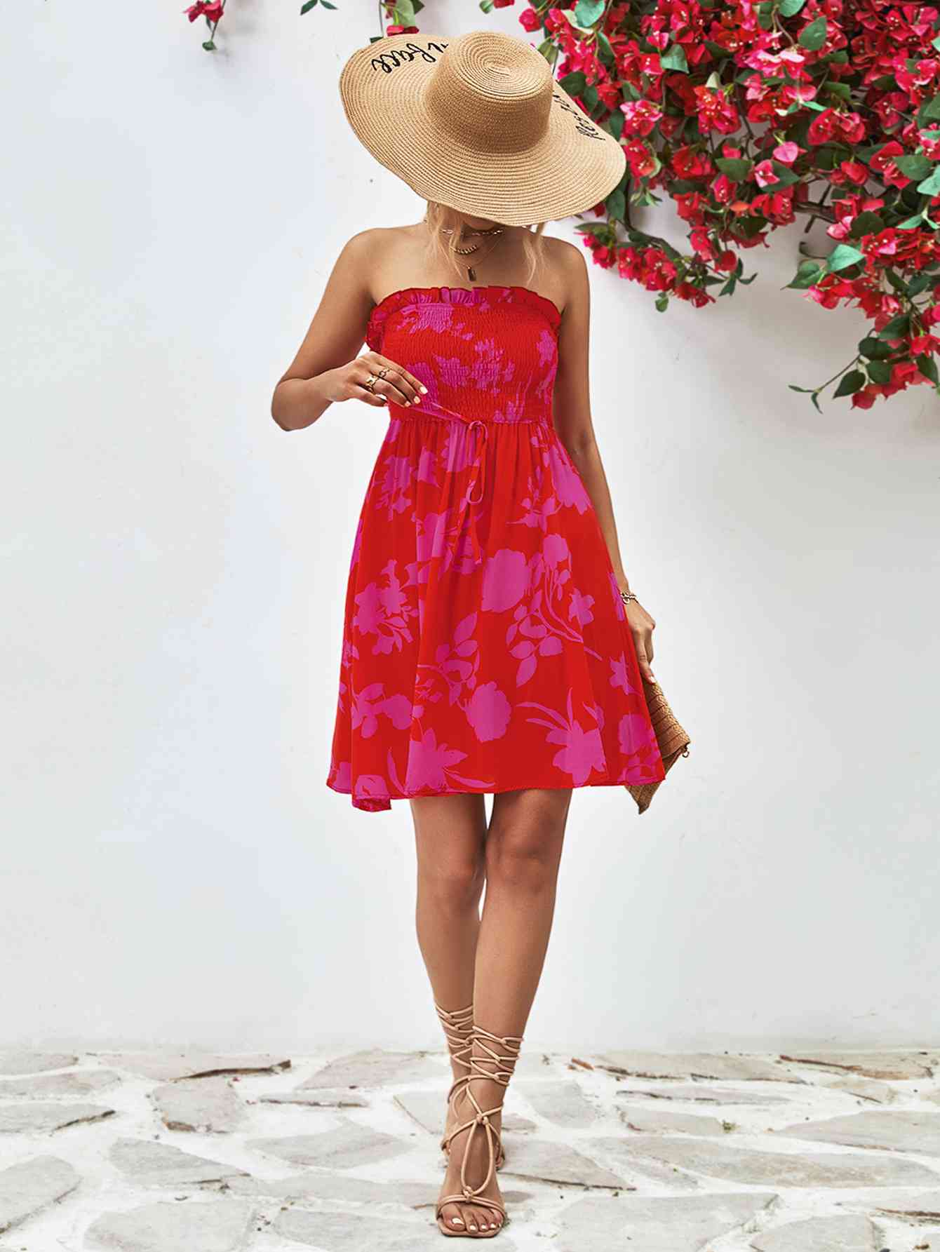 Floral Frill Trim Strapless Smocked Dress