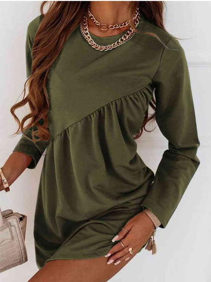 Ruched Round Neck Long Sleeve Dress