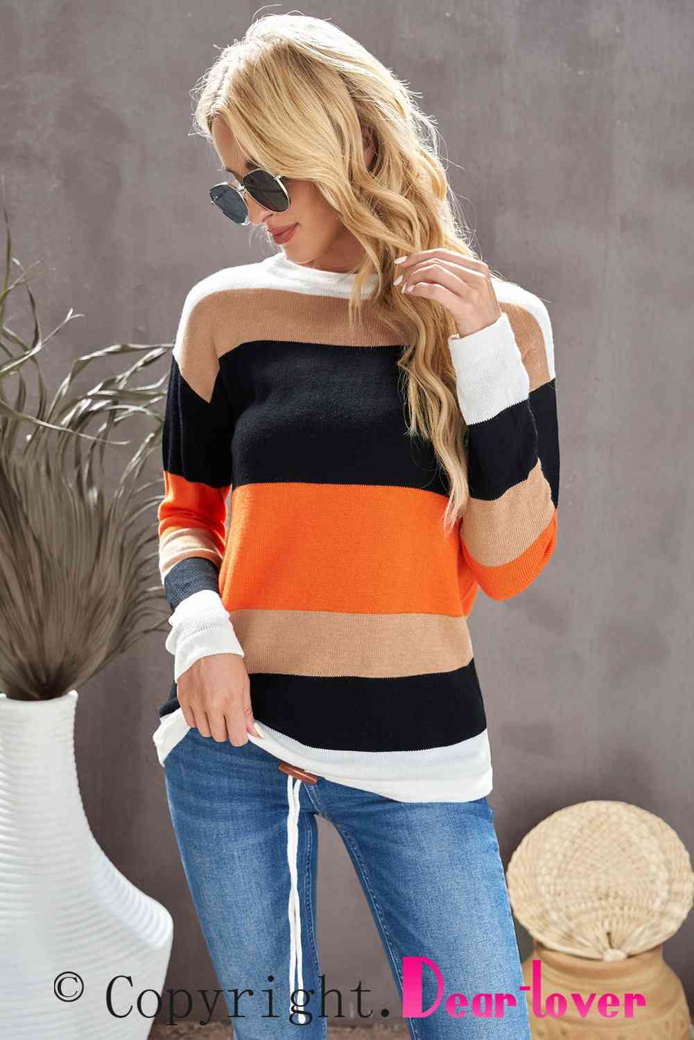 Round Neck Color Block Dropped Shoulder Knit Top