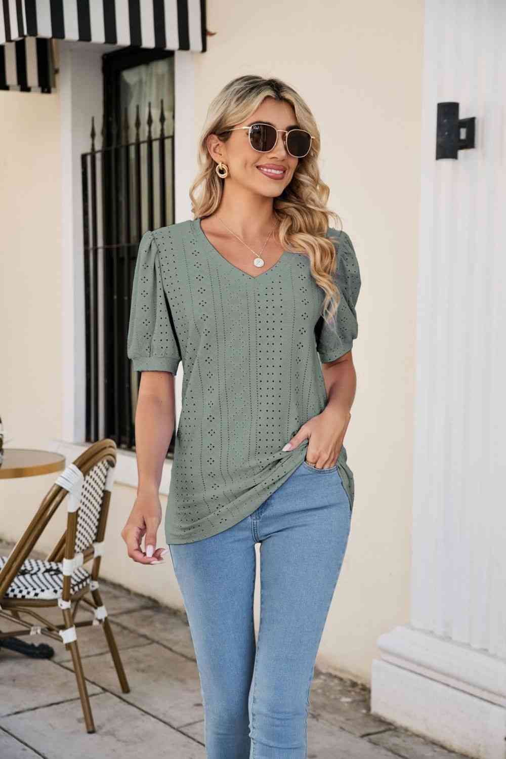 Eyelet Puff Sleeve V-Neck Top