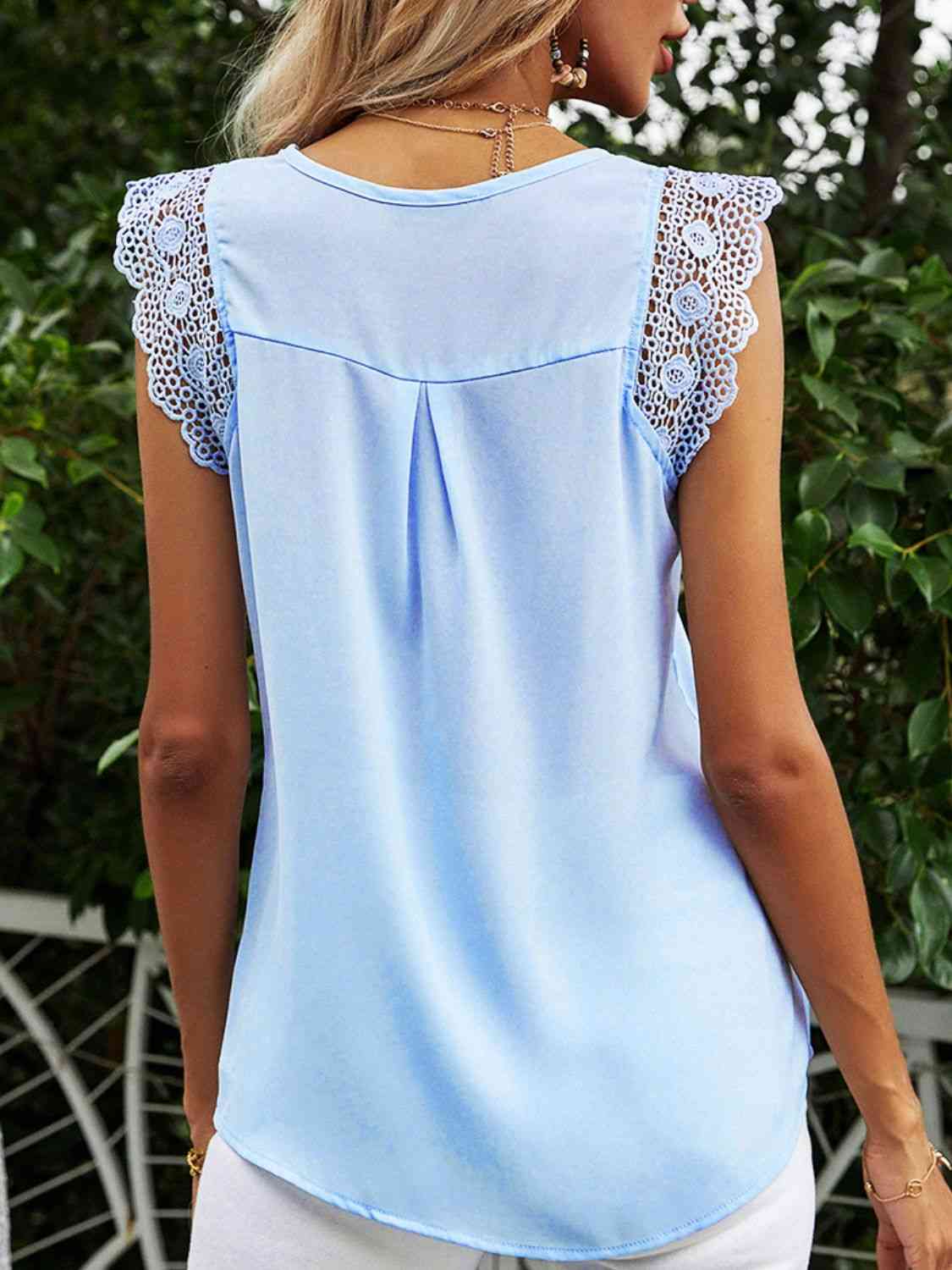 Lace Trim Openwork Cap Sleeve Blouse