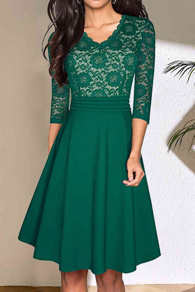 V-Neck Lace Detail Knee-Length Dress