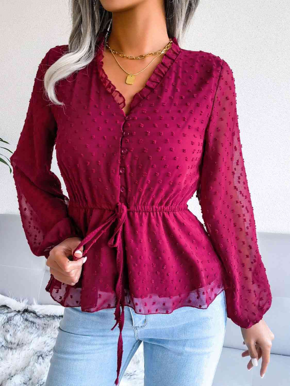 Blouse péplum à taille avec cordon de serrage et bordure à volants et pois suisses