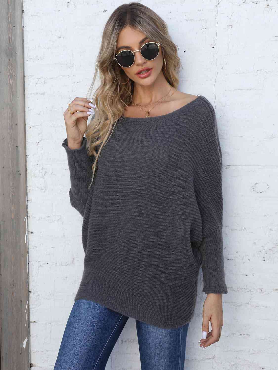 Full Size Horizontal Ribbing Dolman Sleeve Sweater