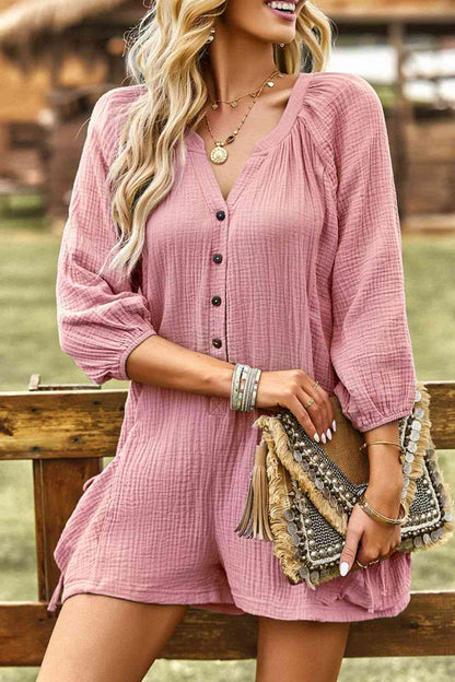 Textured Notched Neck Romper with Pockets