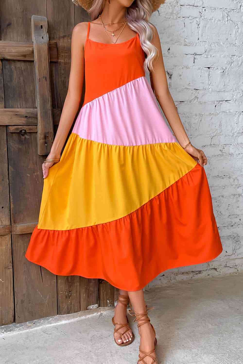 Color Block Spaghetti Strap Midi Dress