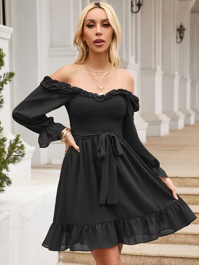 Tie Front Ruffle Hem Smocked Dress