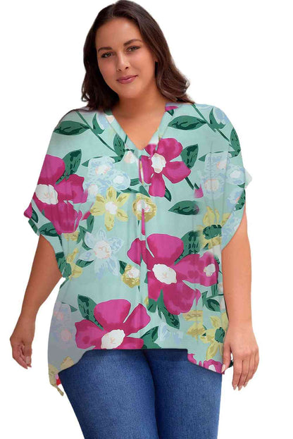 Plus Size Printed Notched Neck Half Sleeve Top