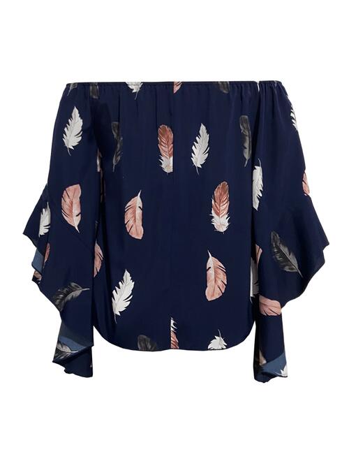 Blouse smockée à épaules dénudées et imprimé plumes