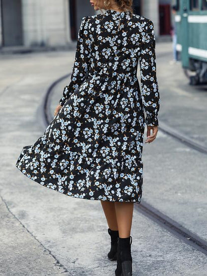 Floral Mock Neck Flounce Sleeve Dress