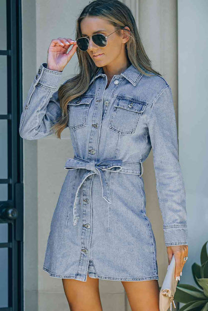 Button Down Collared Neck Belted Denim Dress