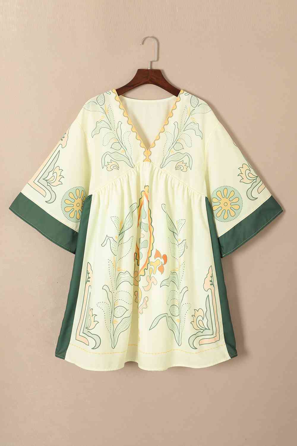 Printed V-Neck Kimono Sleeve Dress