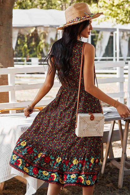 Vestido midi sin mangas con cuello en V estilo bohemio con estampado floral