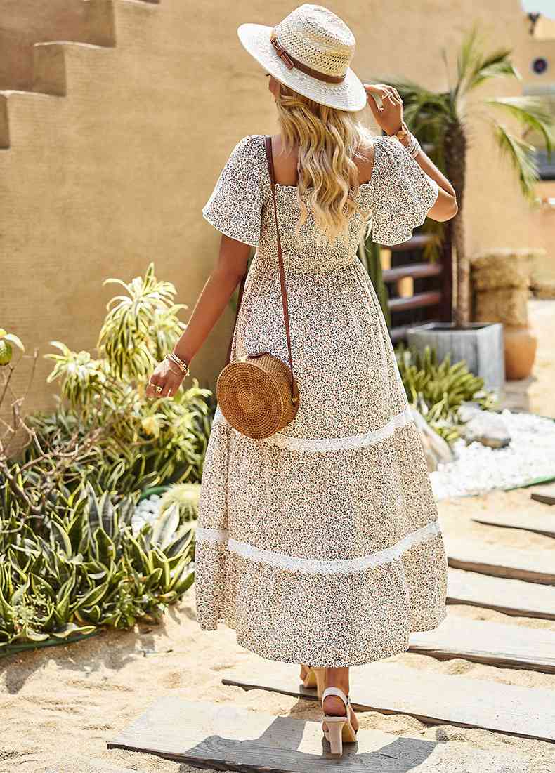 Printed Square Neck Lace Trim Dress