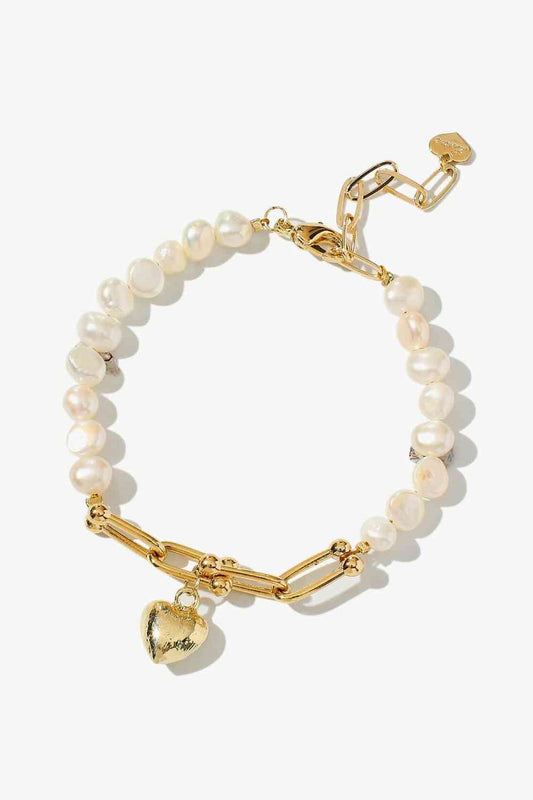Bracelet de perles à breloque cœur plaqué or 14 carats