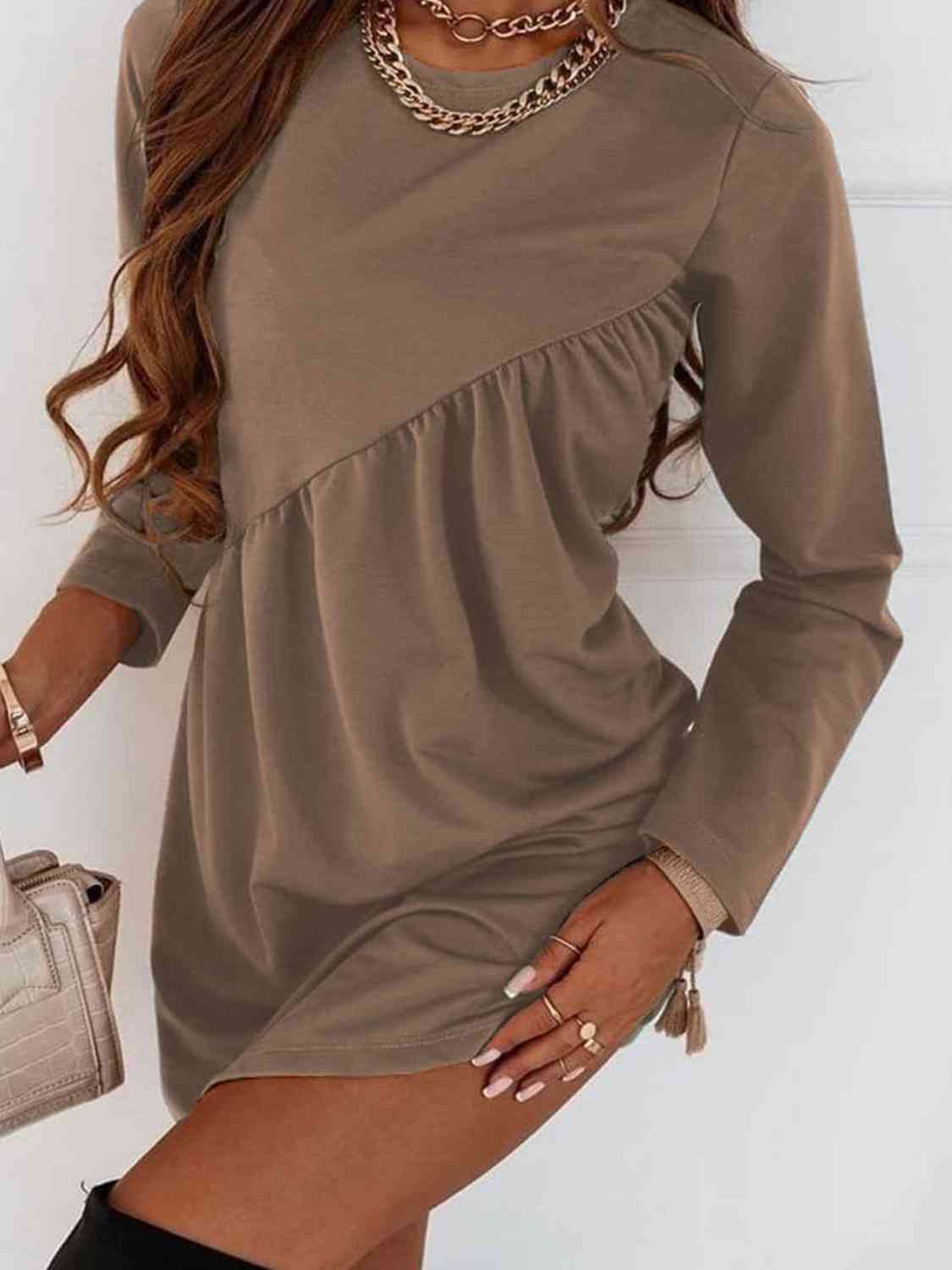 Ruched Round Neck Long Sleeve Dress