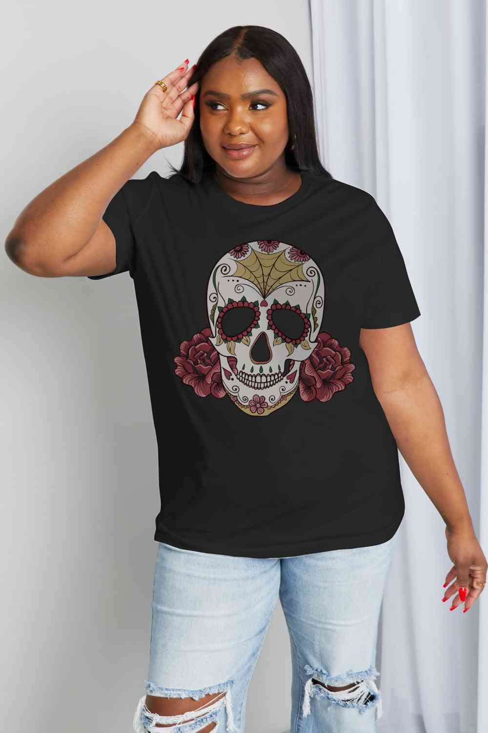 Camiseta de algodón con estampado de calavera de tamaño completo de Simply Love