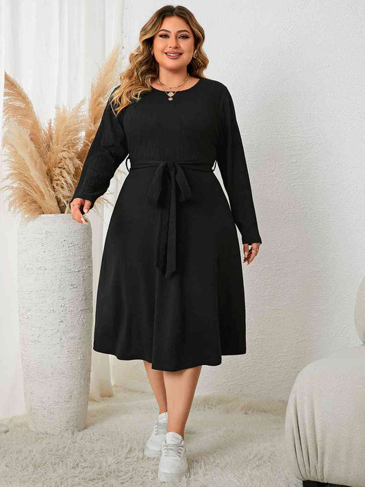 Plus Size Tie Waist Long Sleeve Dress