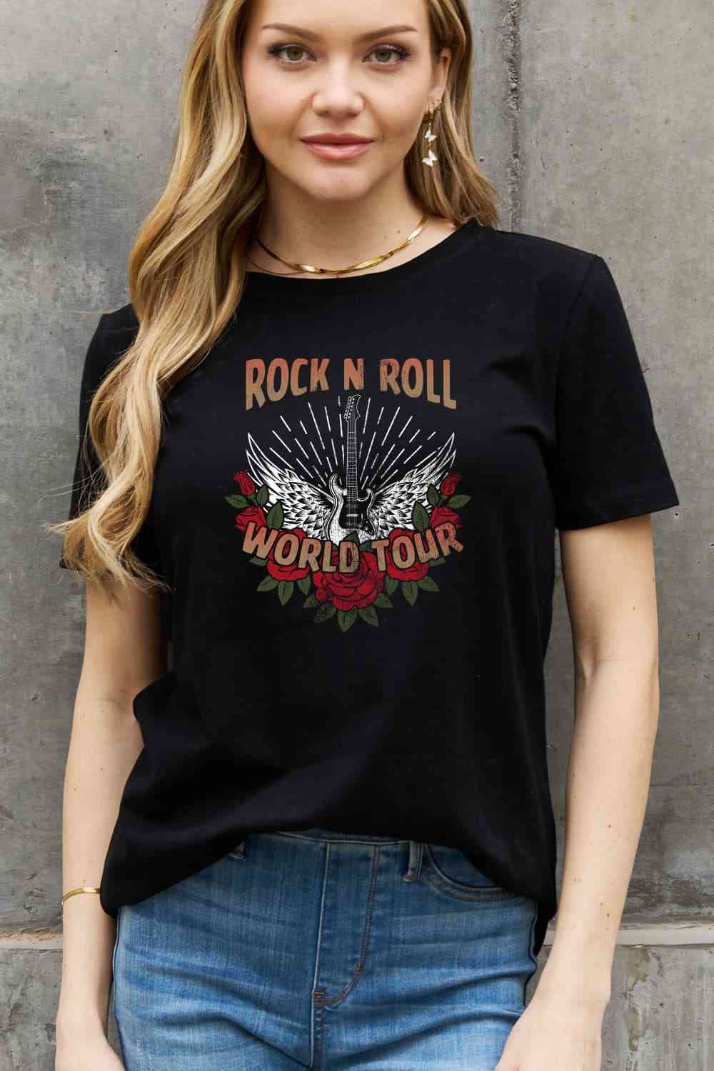 Camiseta de algodón con gráfico ROCK N ROLL WORLD TOUR de tamaño completo de Simply Love