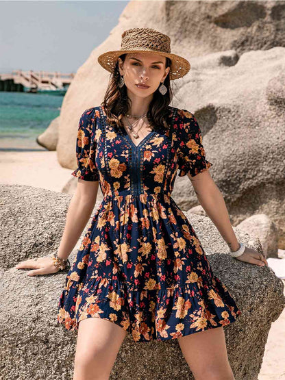 Foral V-Neck Flounce Sleeve Ruffle Hem Dress