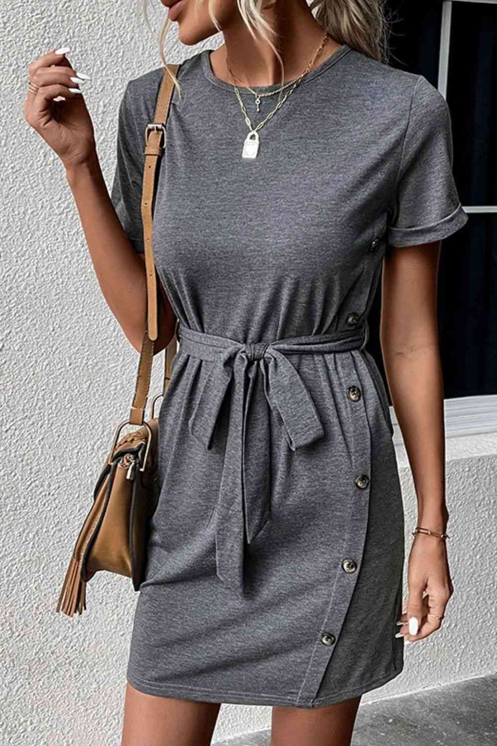 Decorative Button Tie-Waist Cuffed Sleeve Tee Dress