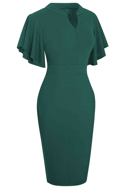 Notched Neck Flutter Sleeve Pencil Dress