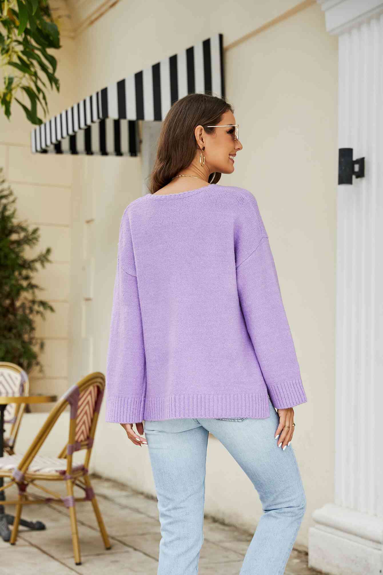 Pull en tricot à col en V et épaules tombantes