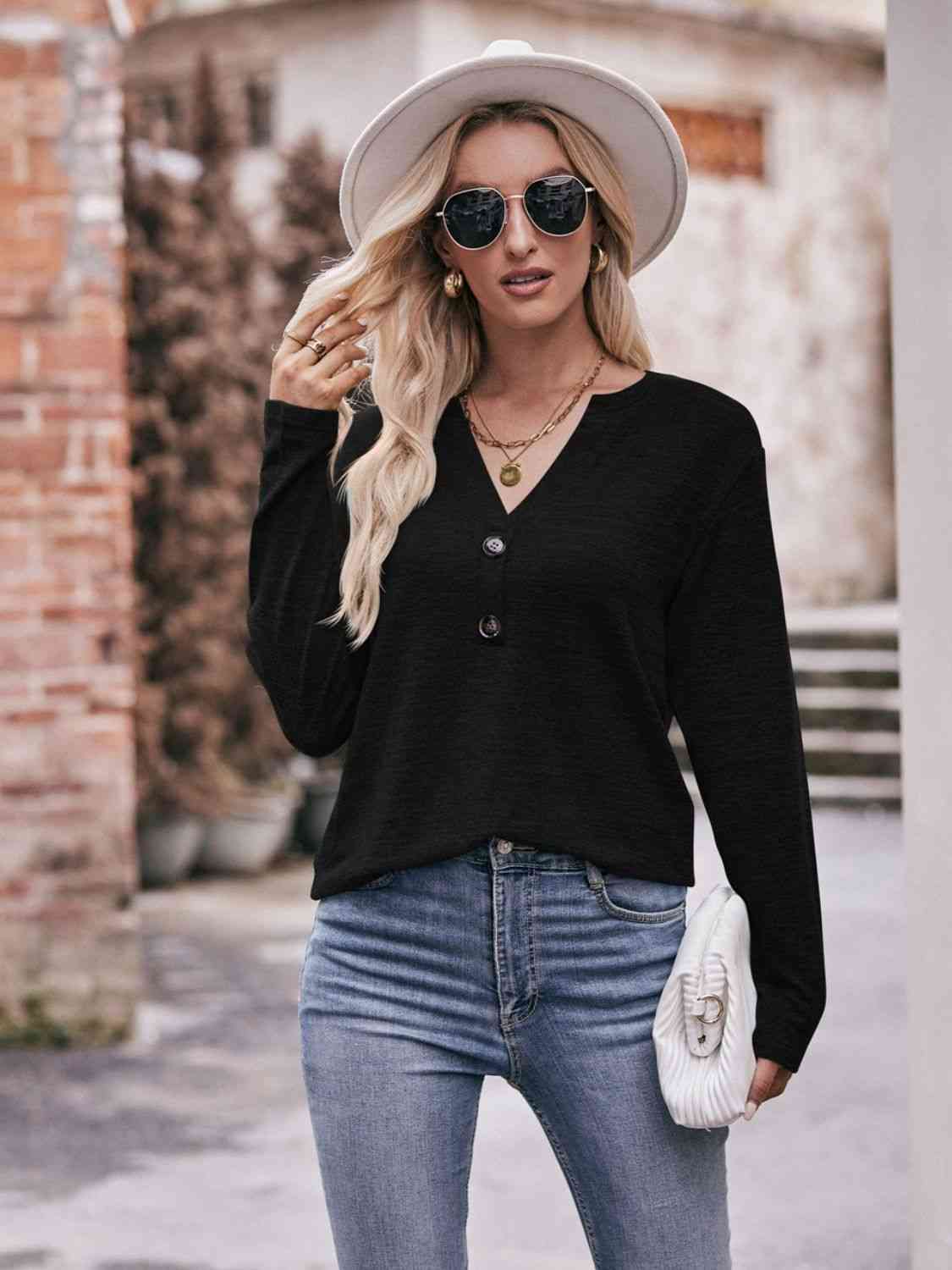 Double Take Buttoned Notched Neck Long Sleeve Top