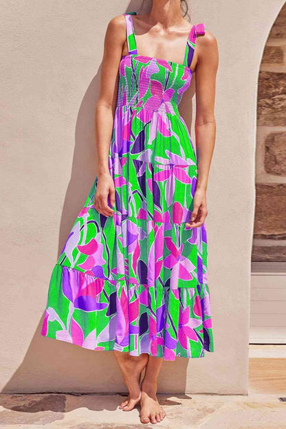 Vestido midi fruncido con estampado floral y hombros anudados