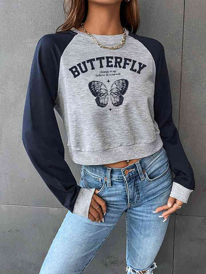 Sweat-shirt à col rond et manches raglan avec motif papillon