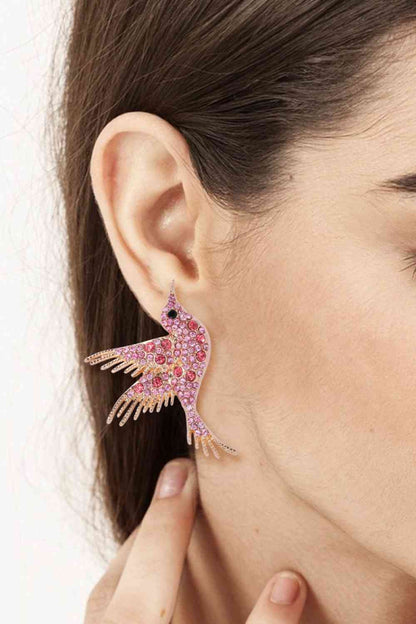 Boucles d'oreilles pendantes en pierre de verre avec cadre en alliage de zinc en forme d'oiseau