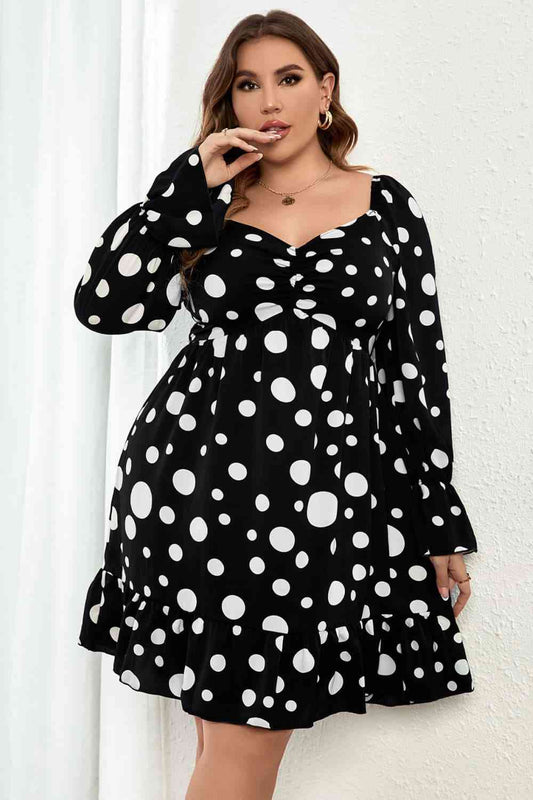 Melo Apparel Plus Size Polka Dot Sweetheart Neck Flounce Sleeve Mini Dress