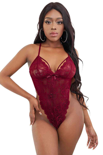 Lingerie Teddy dos nu en dentelle entrecroisée