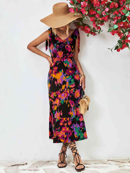 Robe midi multicolore dos nu à col en V