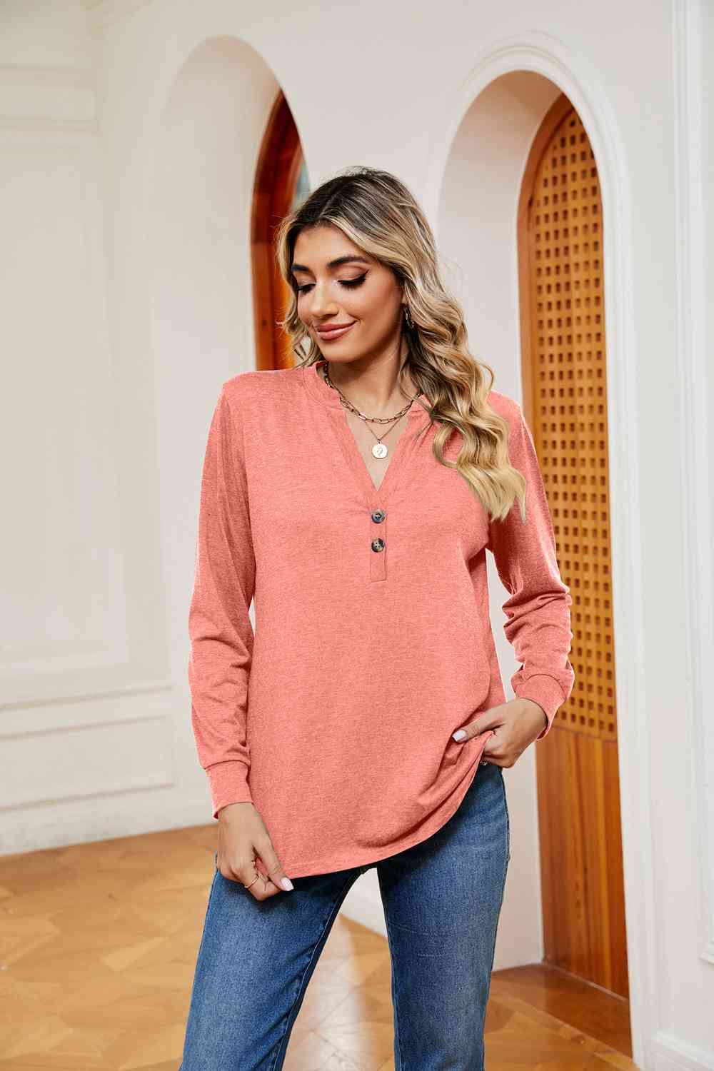 Buttoned Notched Neck Long Sleeve Top