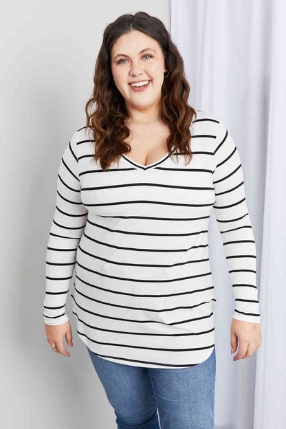 Zenana Full Size Striped V-Neck Long Sleeve Top